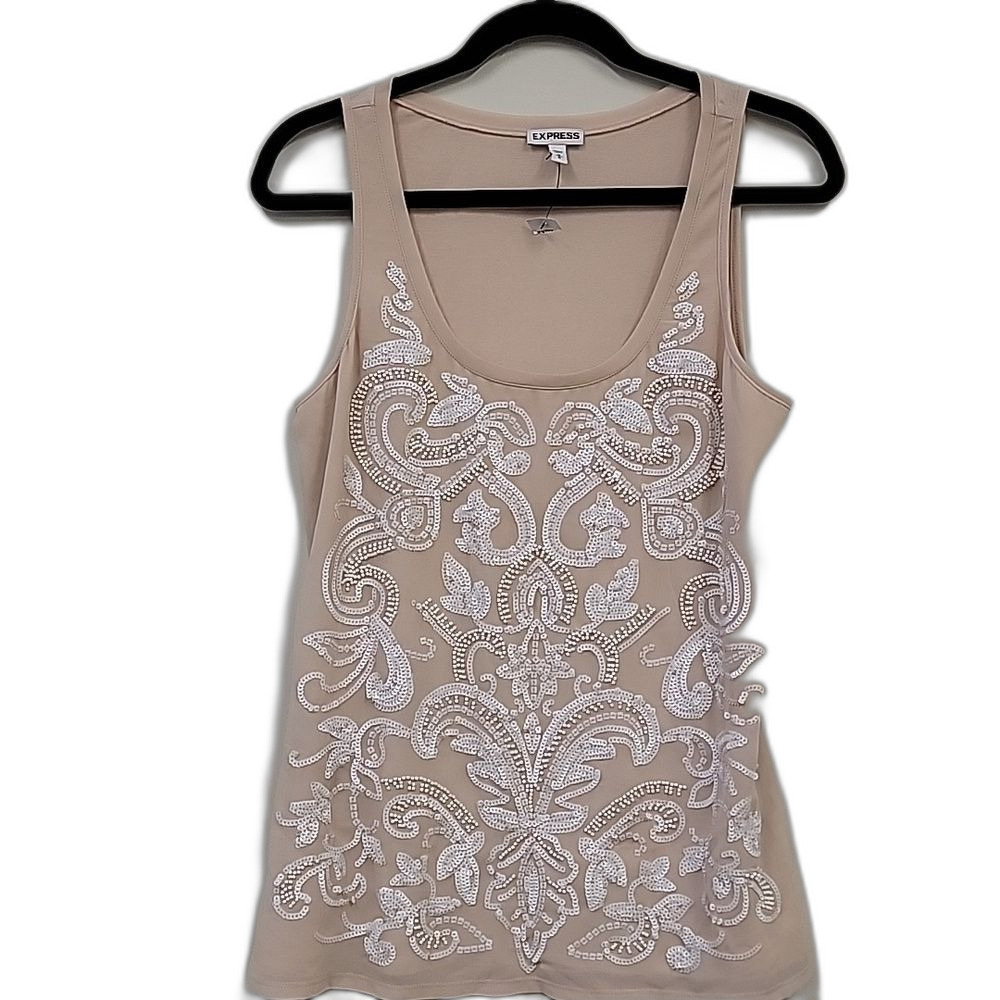 Express Sequin Embellished Sequins Short Sleeve Tee Cream White Beaded Size M